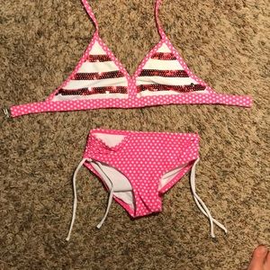 Pink polka dot bathing suit with pink sequins
